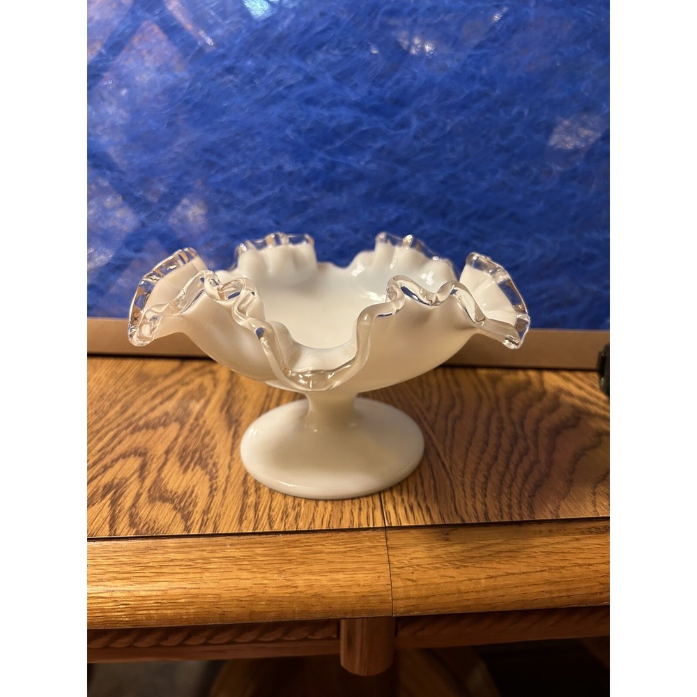 Fenton Silver Crest Low Compote Pedestal Candy Dish Ruffle Edge Milk Glass 8"